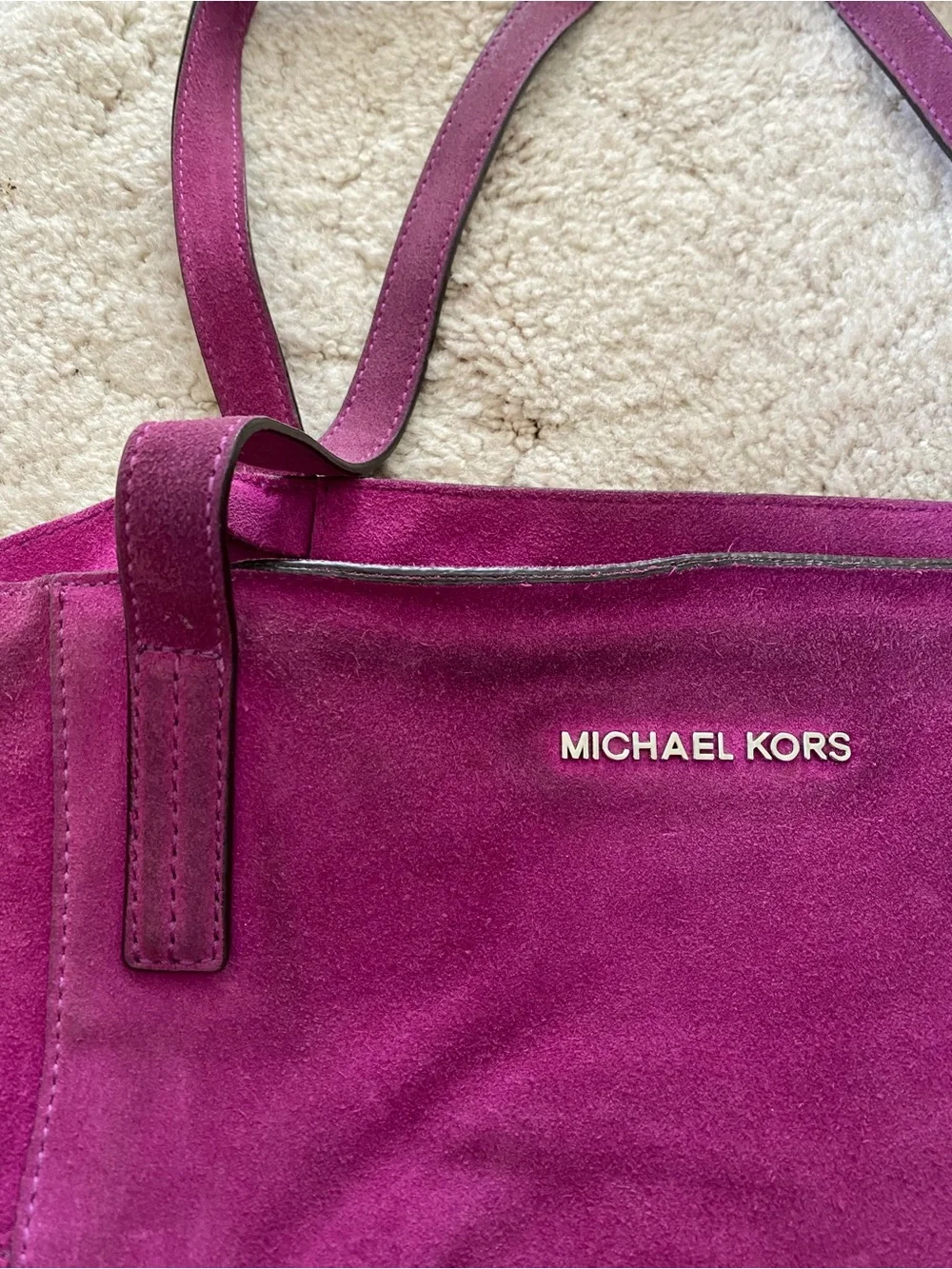 Michael Kors Suede Tote in fuchsia with MK Charm